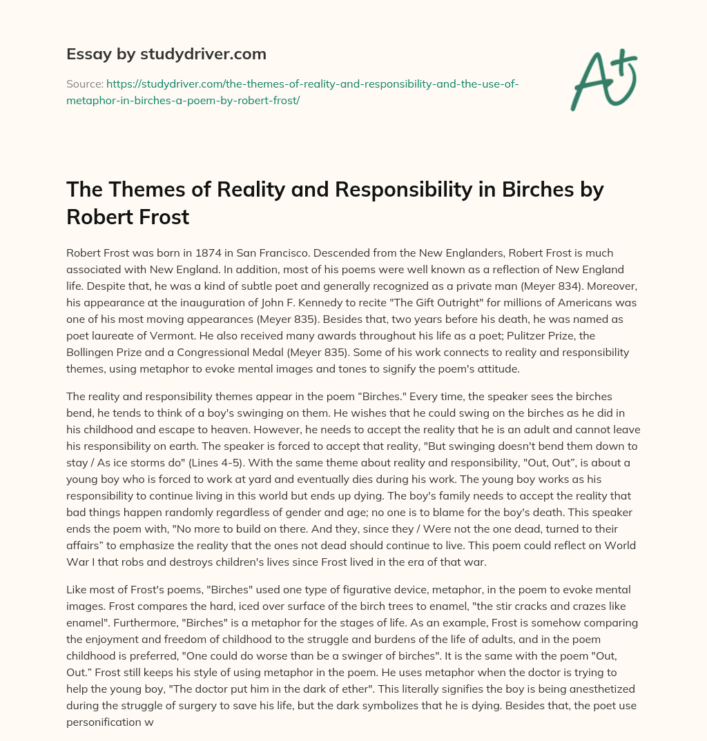 The Themes of Reality and Responsibility in Birches by Robert Frost essay