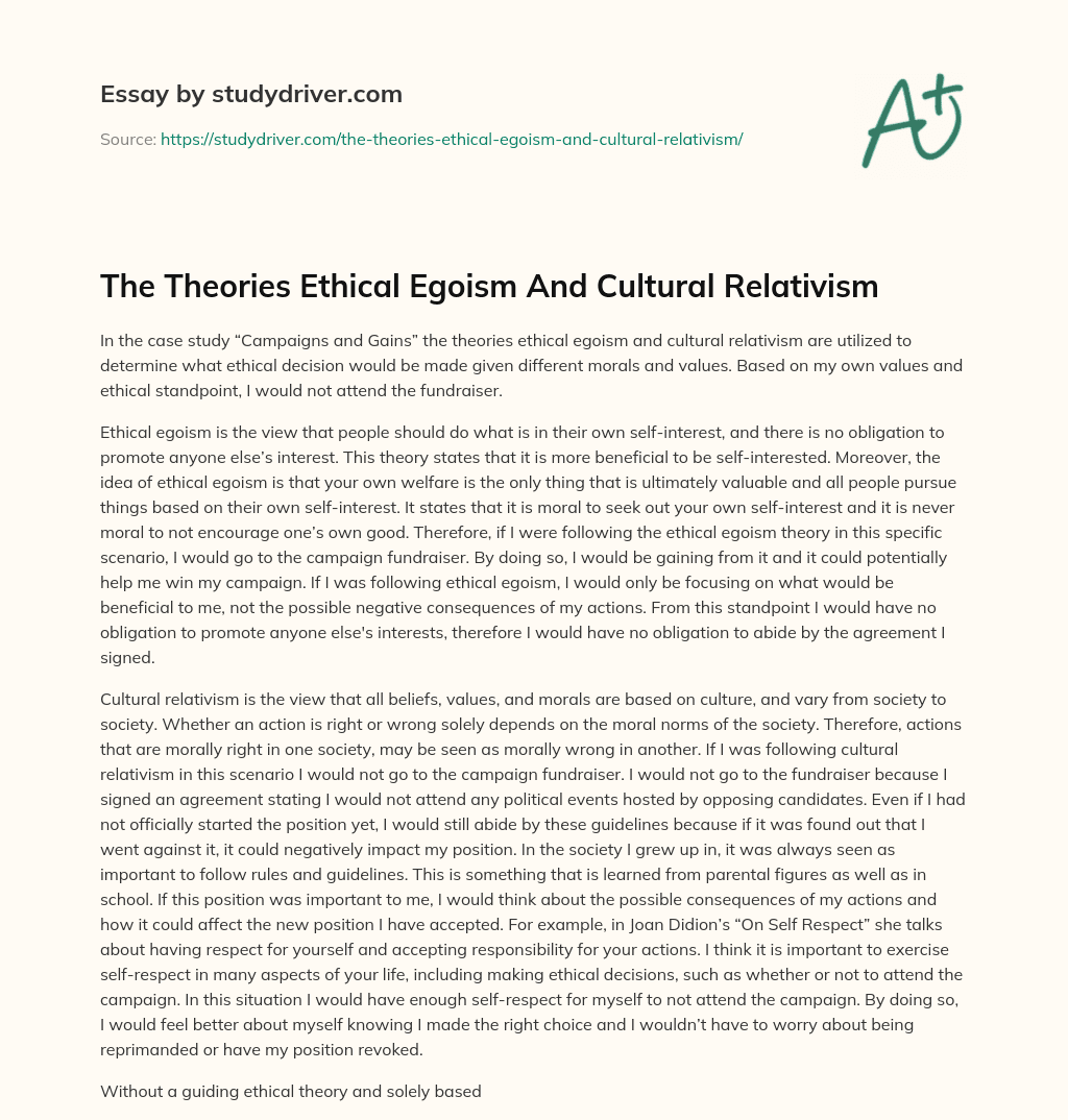 The Theories Ethical Egoism and Cultural Relativism essay