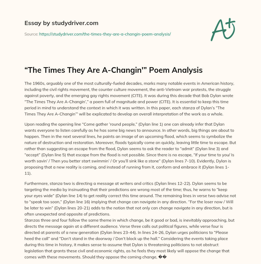 “The Times they are A-Changin’” Poem Analysis essay