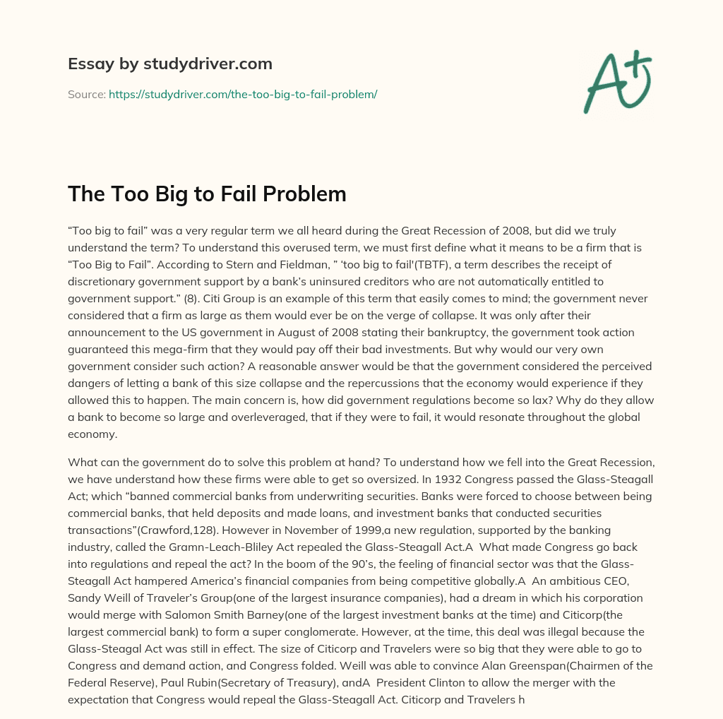 The too Big to Fail Problem essay