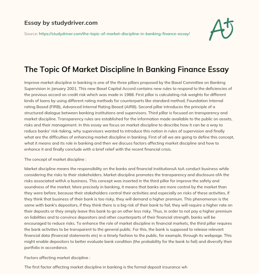 The Topic of Market Discipline in Banking Finance Essay essay