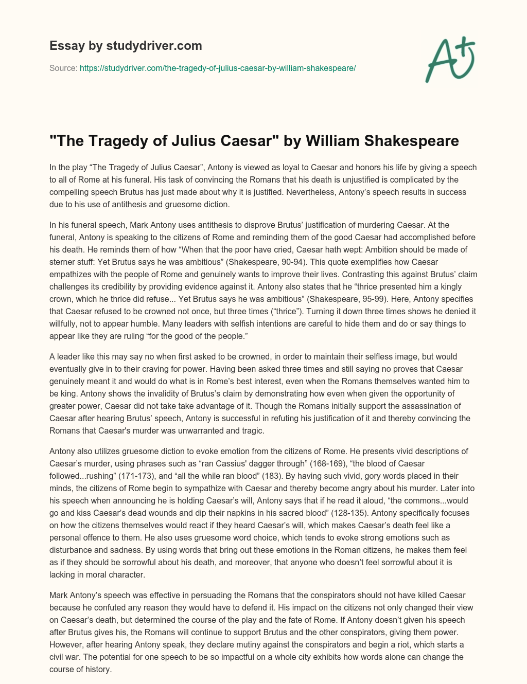 “The Tragedy of Julius Caesar” by William Shakespeare essay