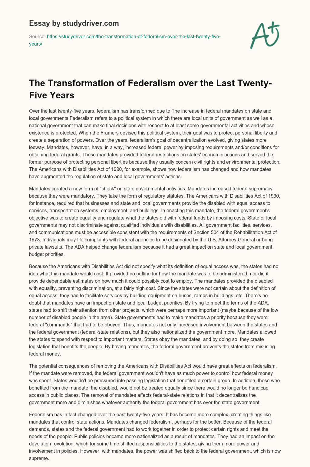 The Transformation of Federalism over the Last Twenty-Five Years essay