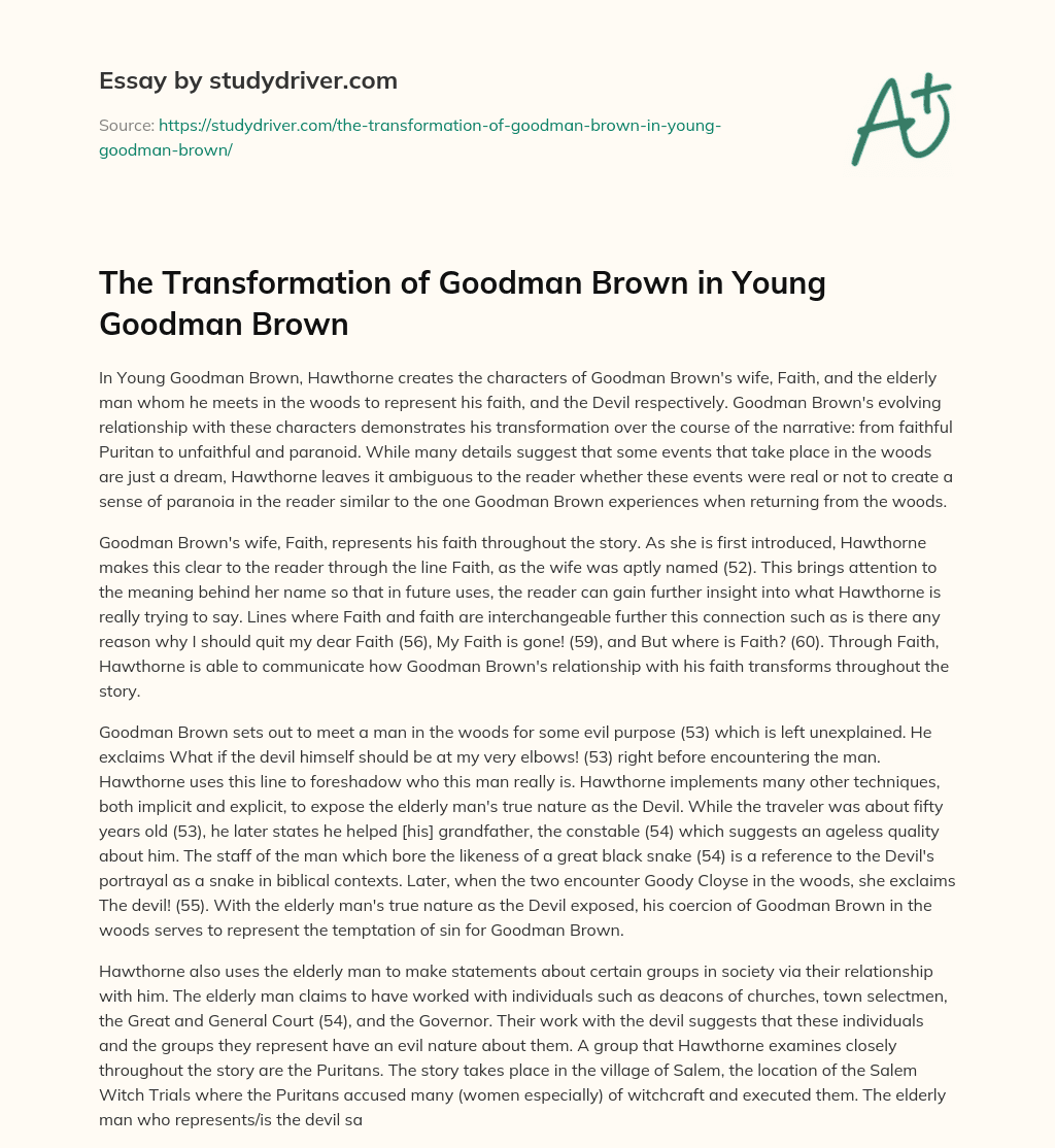 The Transformation of Goodman Brown in Young Goodman Brown essay