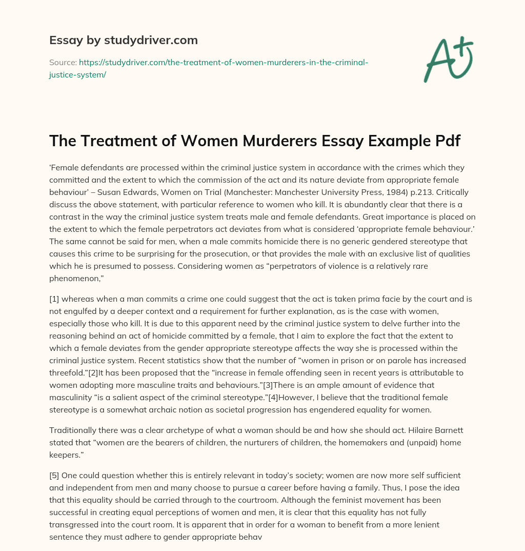 The Treatment of Women Murderers  Essay Example Pdf essay