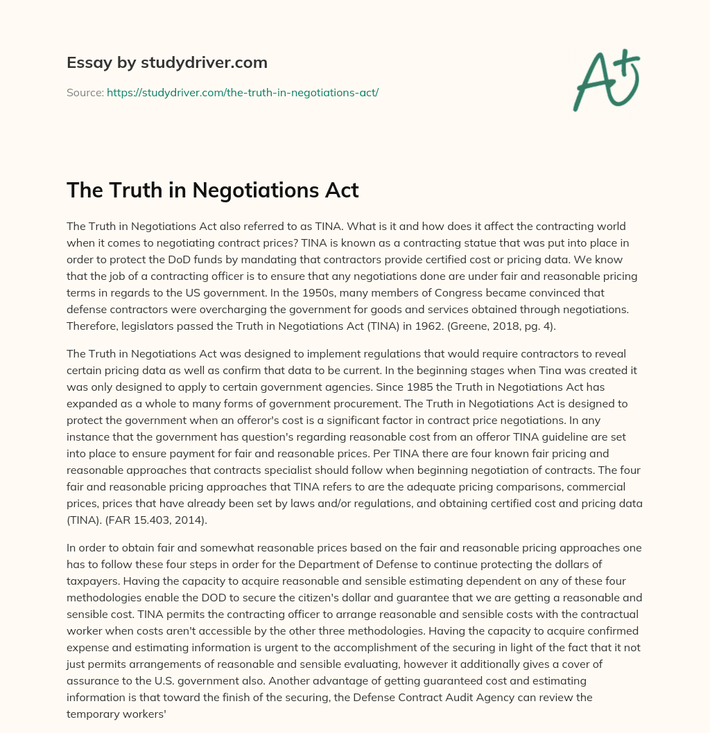 The Truth in Negotiations Act essay