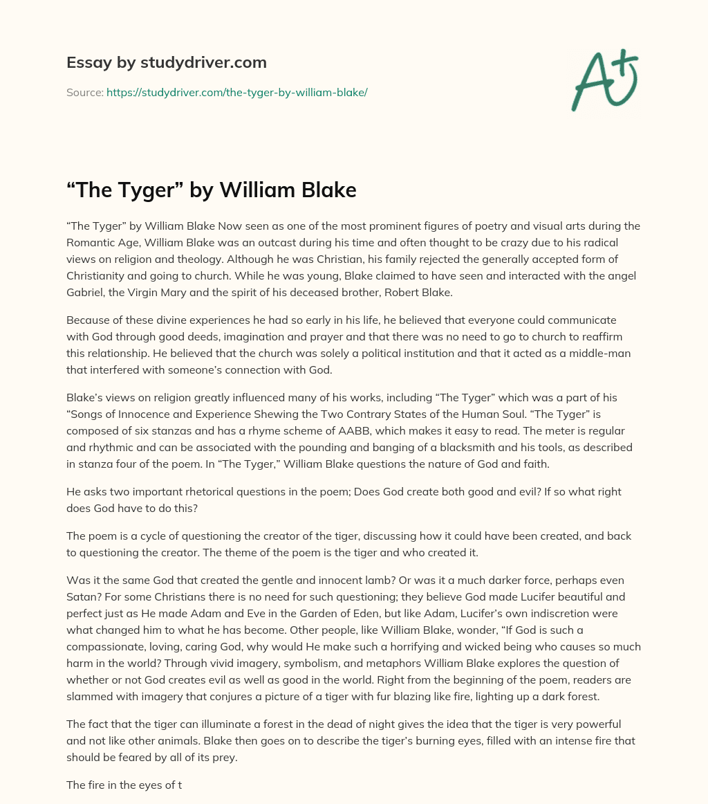 The Tyger” by William Blake - Free Essay Example - 1172 Words |  
