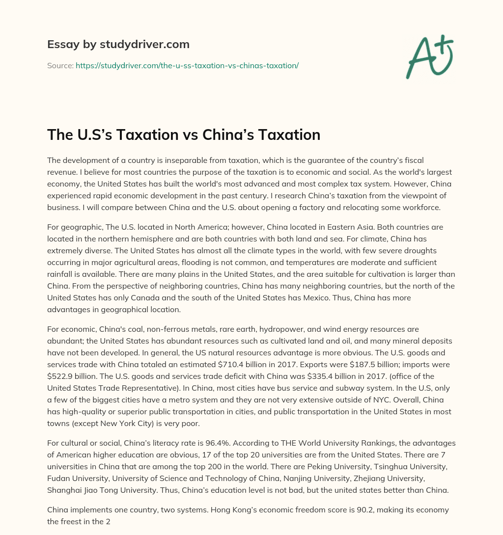 The U.S’s Taxation Vs China’s Taxation essay