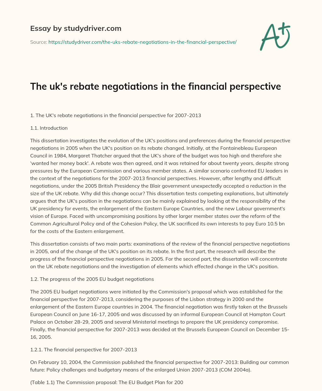 The Uk’s Rebate Negotiations in the Financial Perspective essay