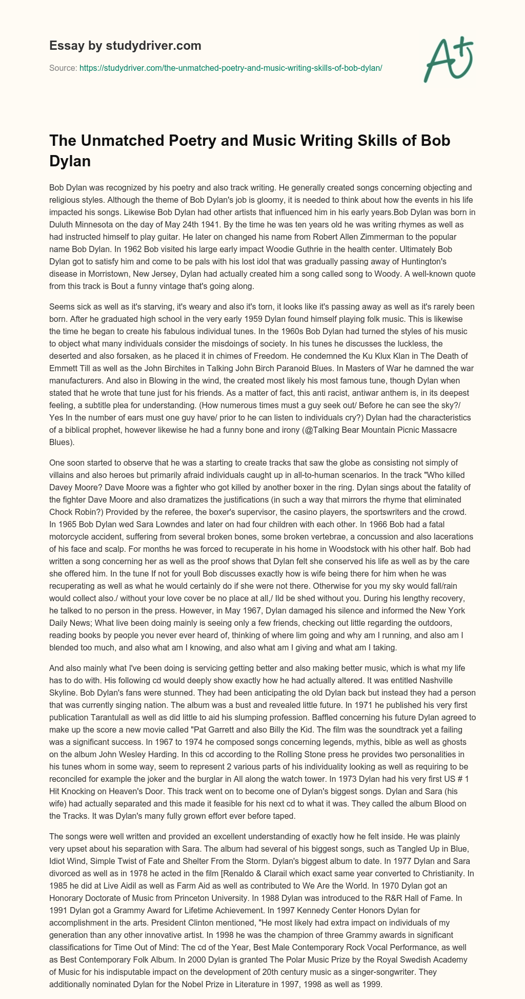 The Unmatched Poetry and Music Writing Skills of Bob Dylan essay