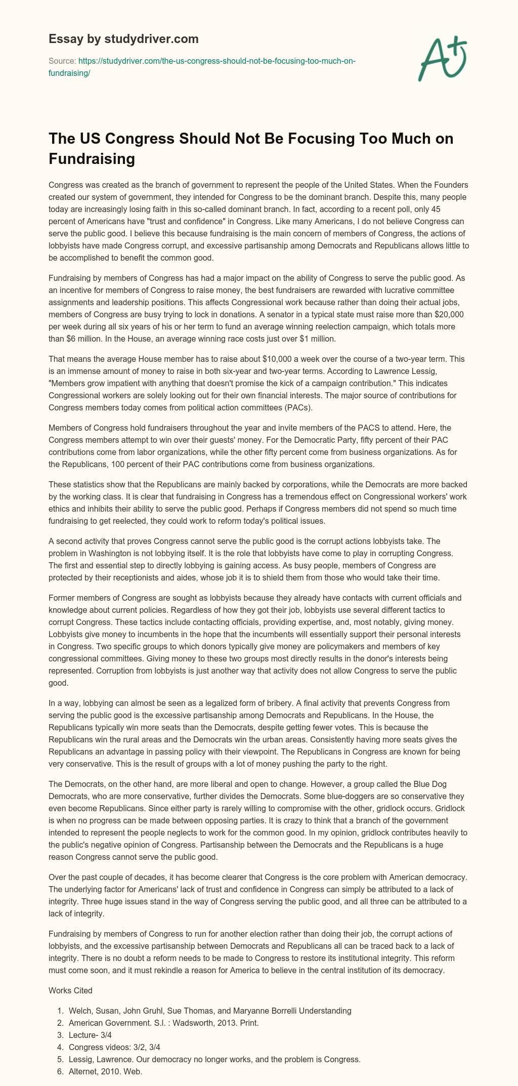 The US Congress should not be Focusing too Much on Fundraising essay