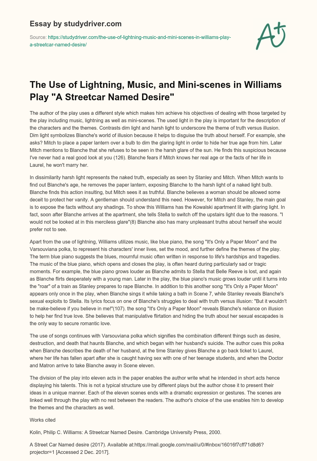 The Use of Lightning, Music, and Mini-scenes in Williams Play “A Streetcar Named Desire” essay