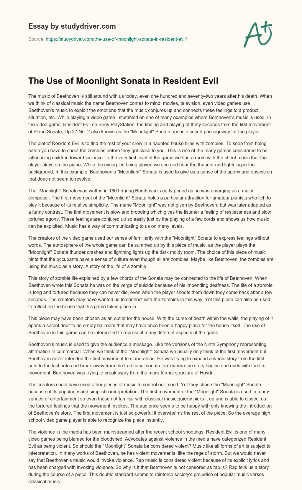 The Use of Moonlight Sonata in Resident Evil essay