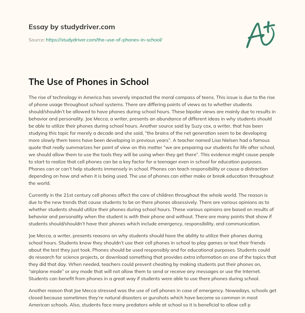 The Use of Phones in School essay