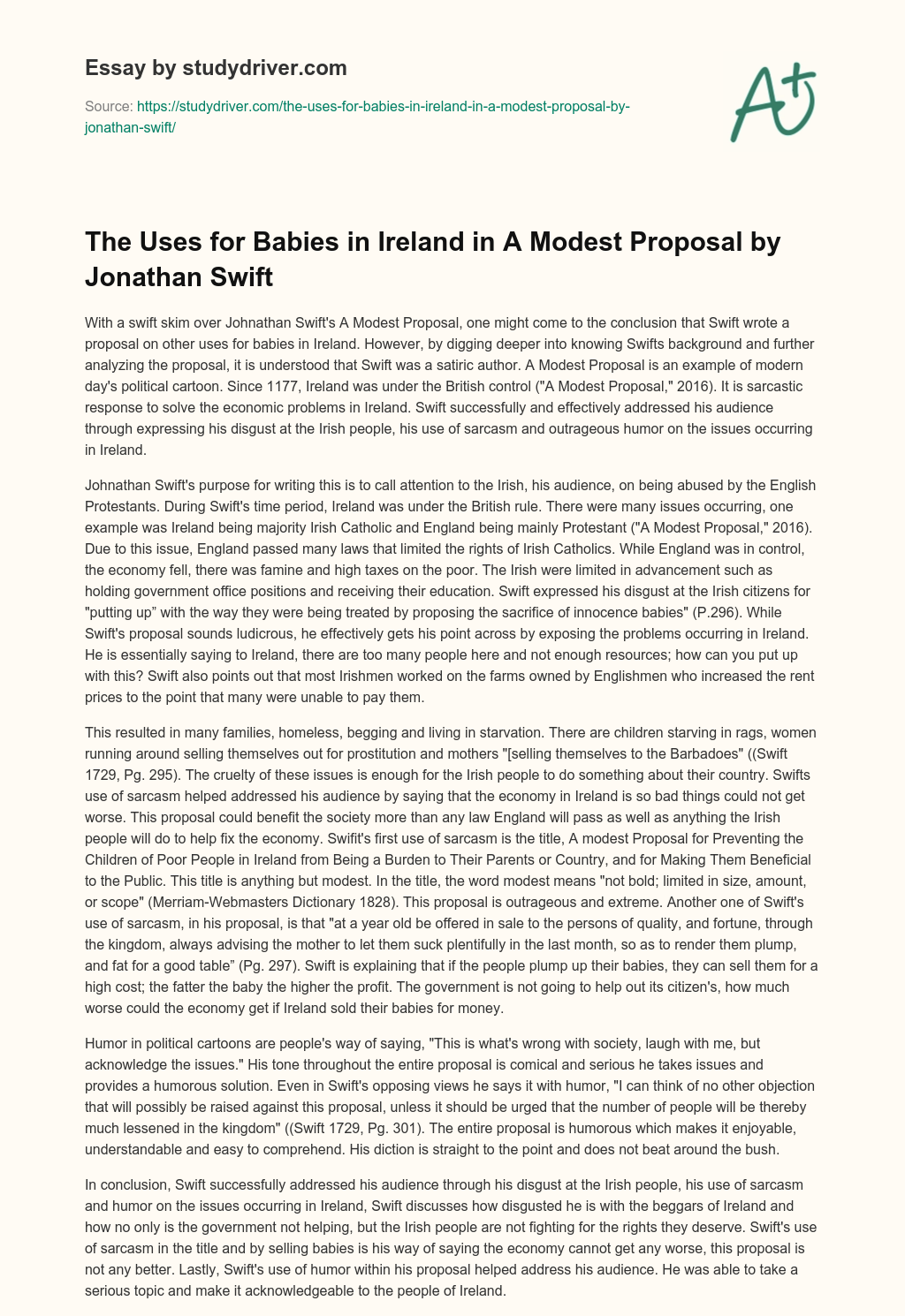 The Uses for Babies in Ireland in a Modest Proposal by Jonathan Swift essay