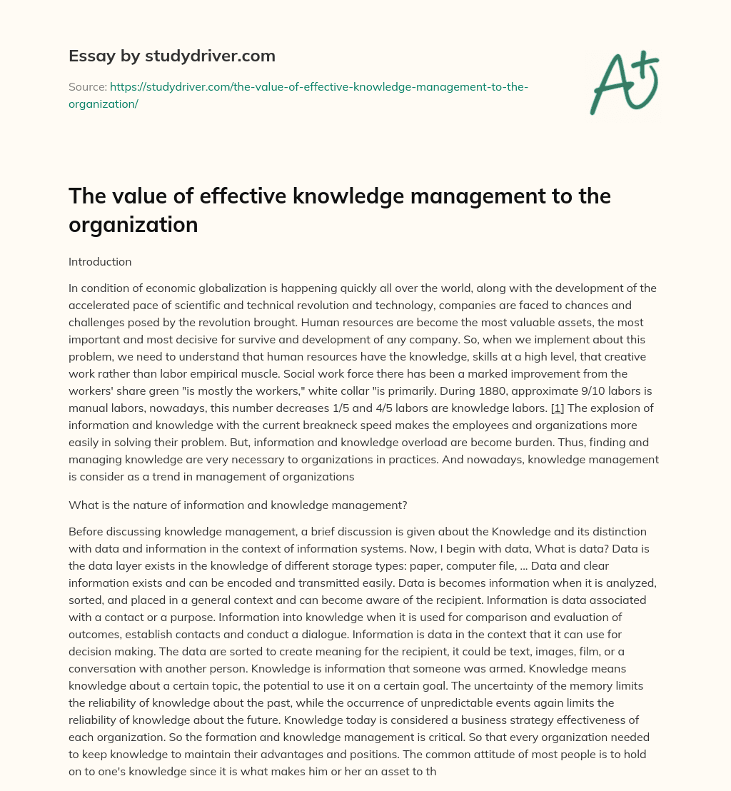 The Value of Effective Knowledge Management to the Organization essay