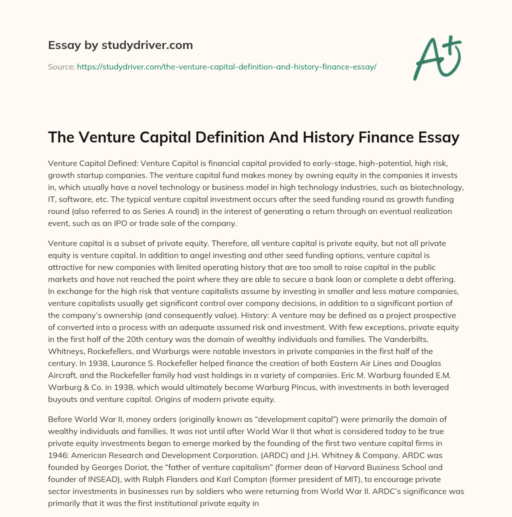 The Venture Capital Definition and History Finance Essay essay