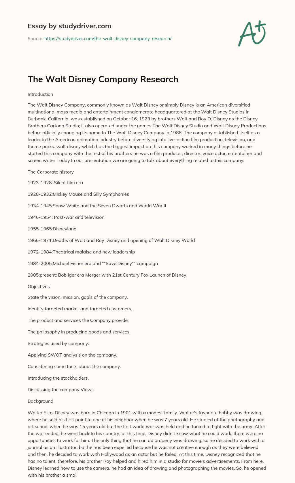 The Walt Disney Company Research essay