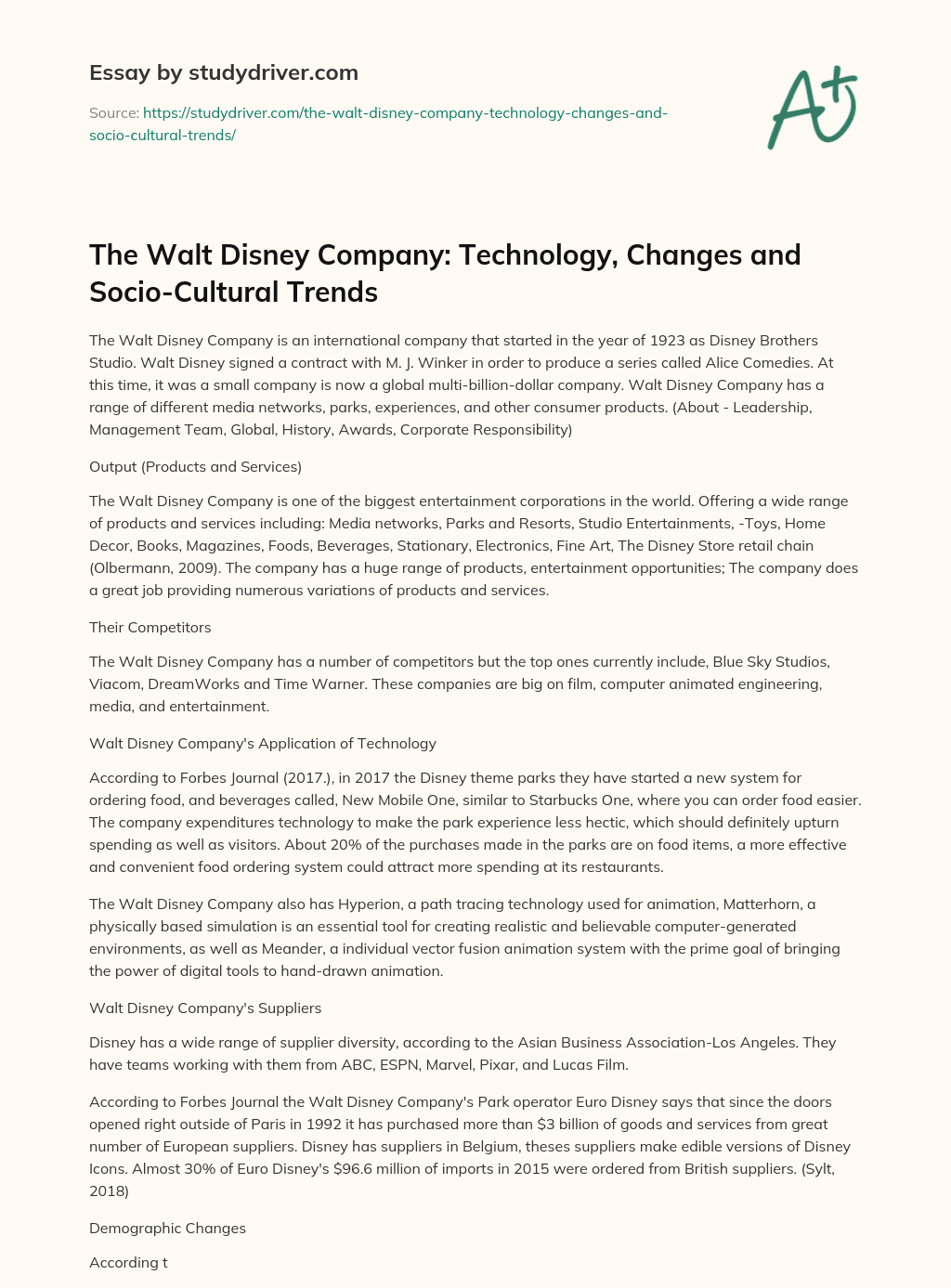 The Walt Disney Company: Technology, Changes and Socio-Cultural Trends essay