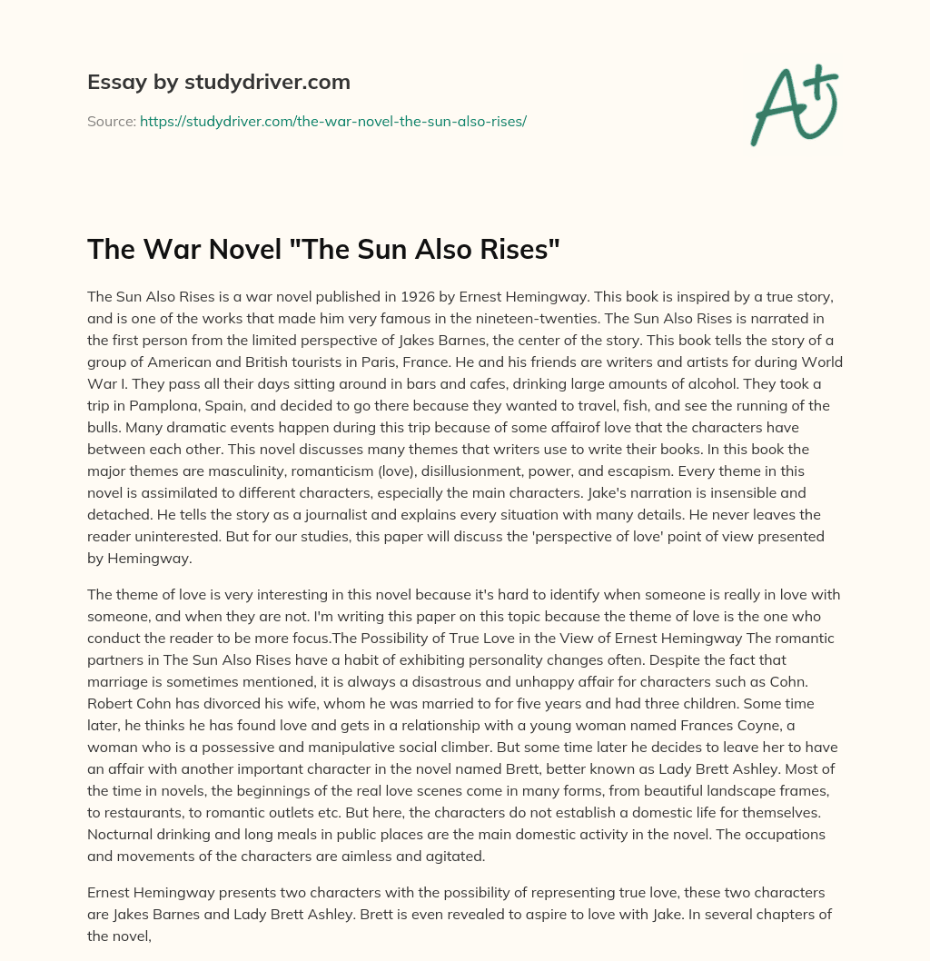 The War Novel “The Sun Also Rises” essay