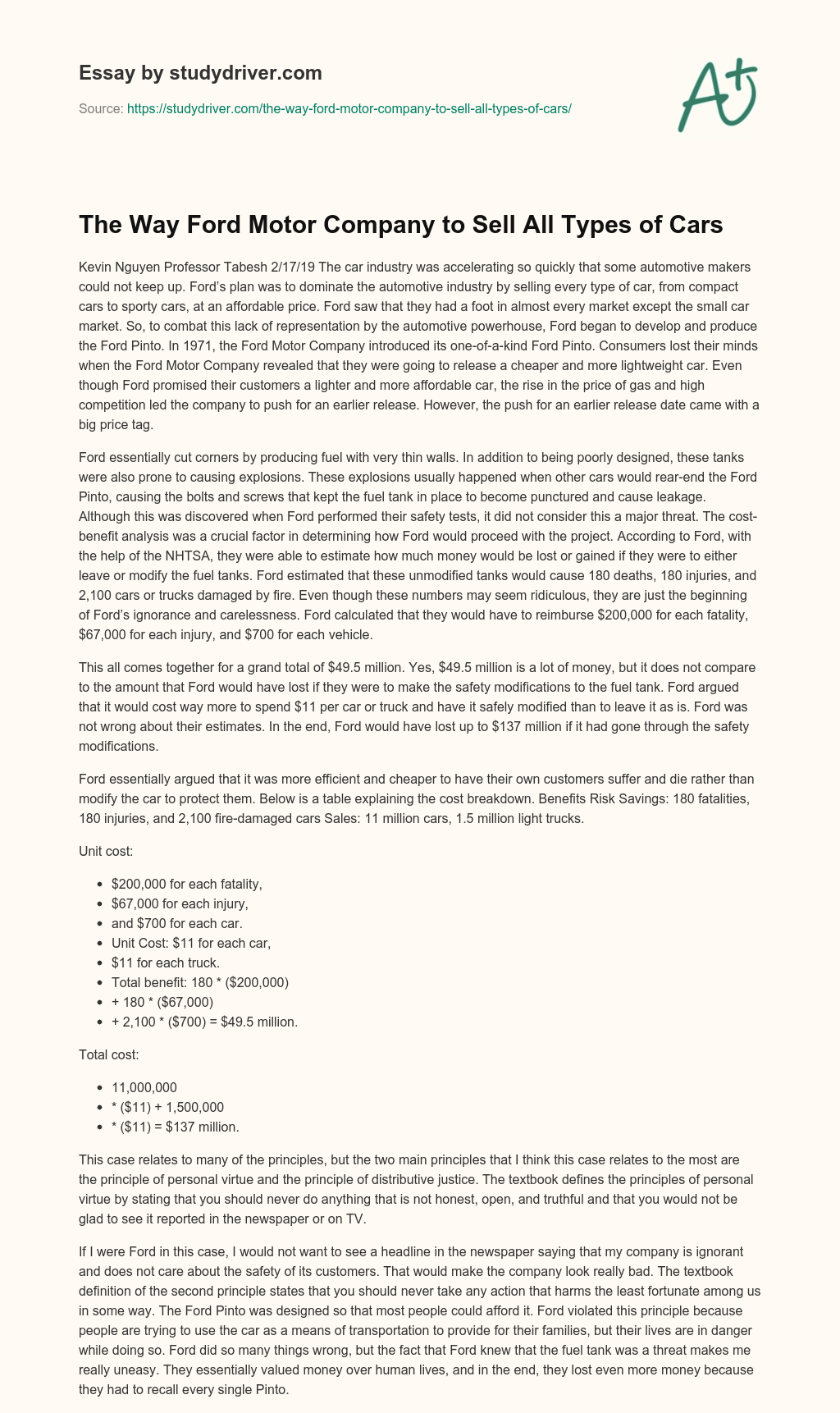 The Way Ford Motor Company to Sell all Types of Cars essay