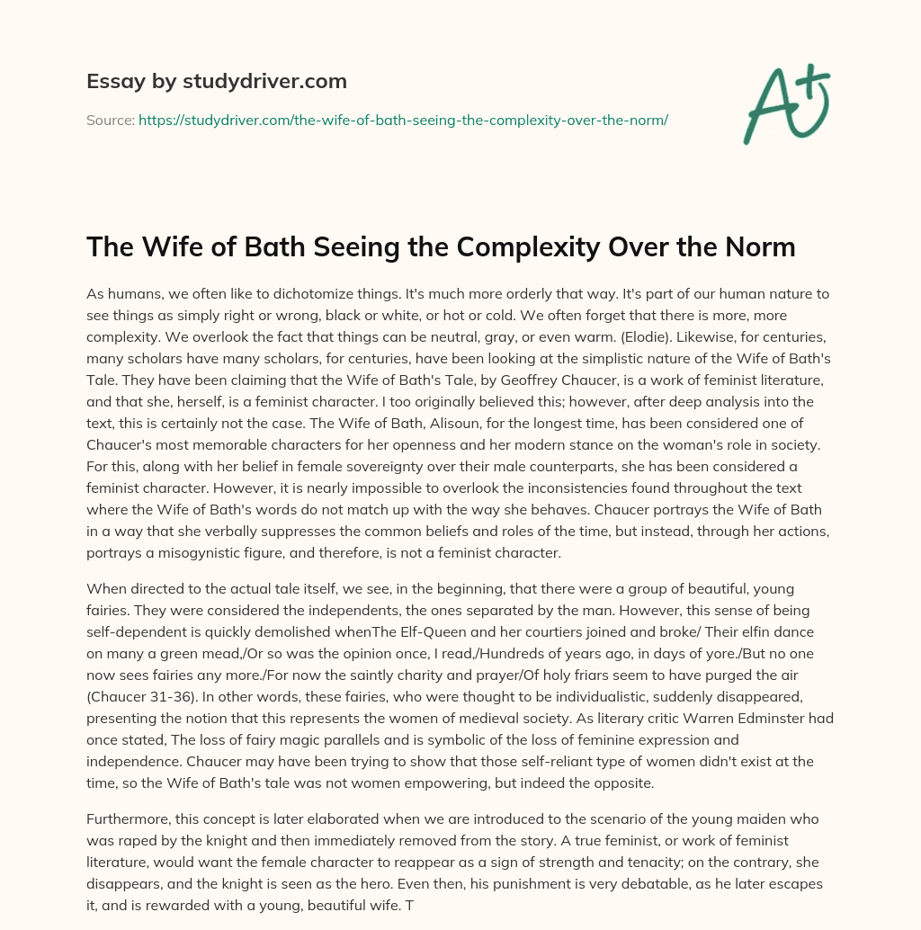 The Wife of Bath Seeing the Complexity over the Norm essay
