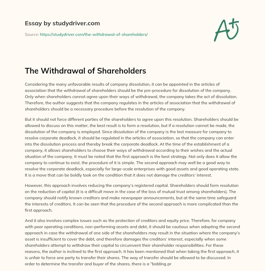 The Withdrawal of Shareholders essay