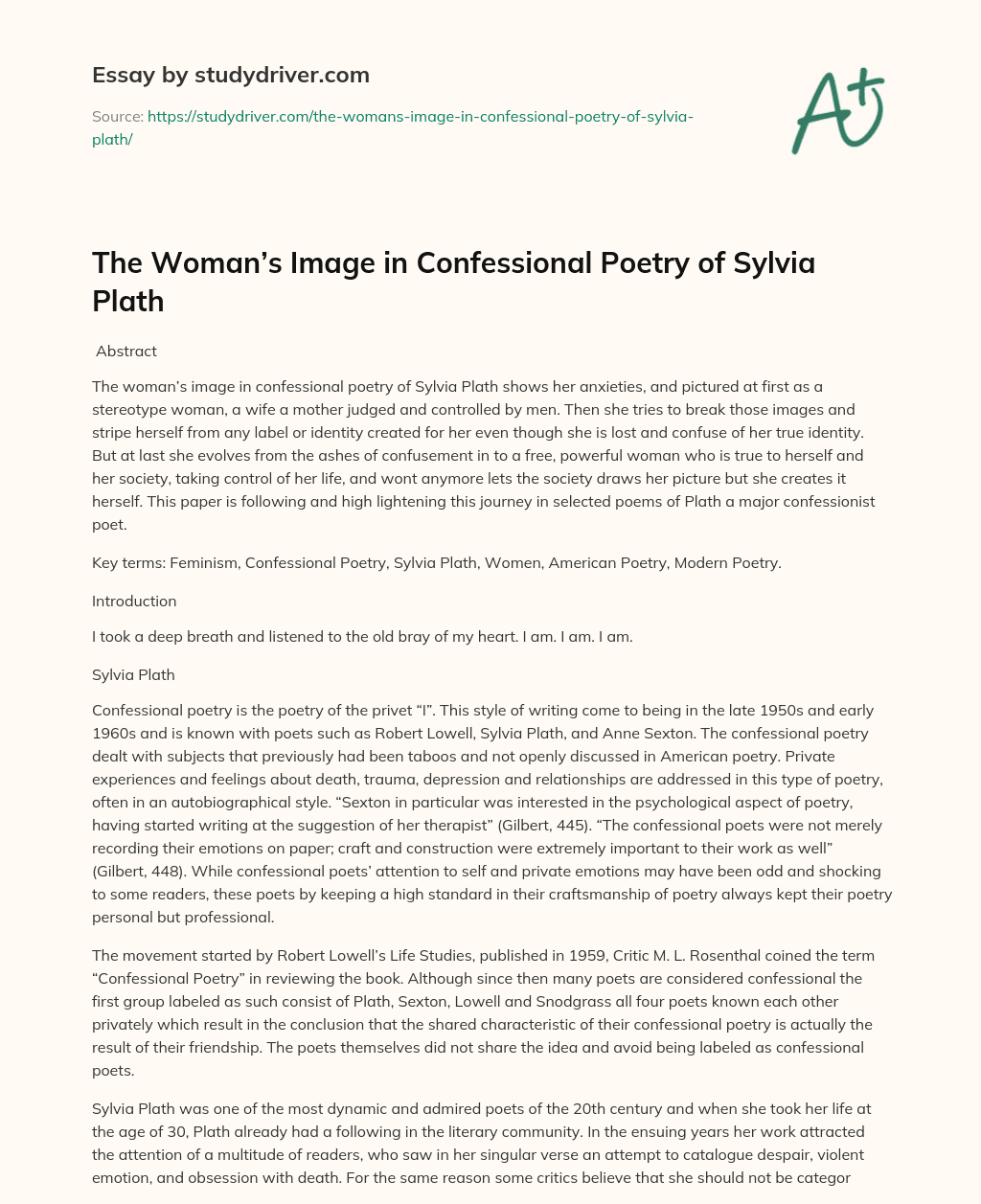 The Woman’s Image in Confessional Poetry of Sylvia Plath essay