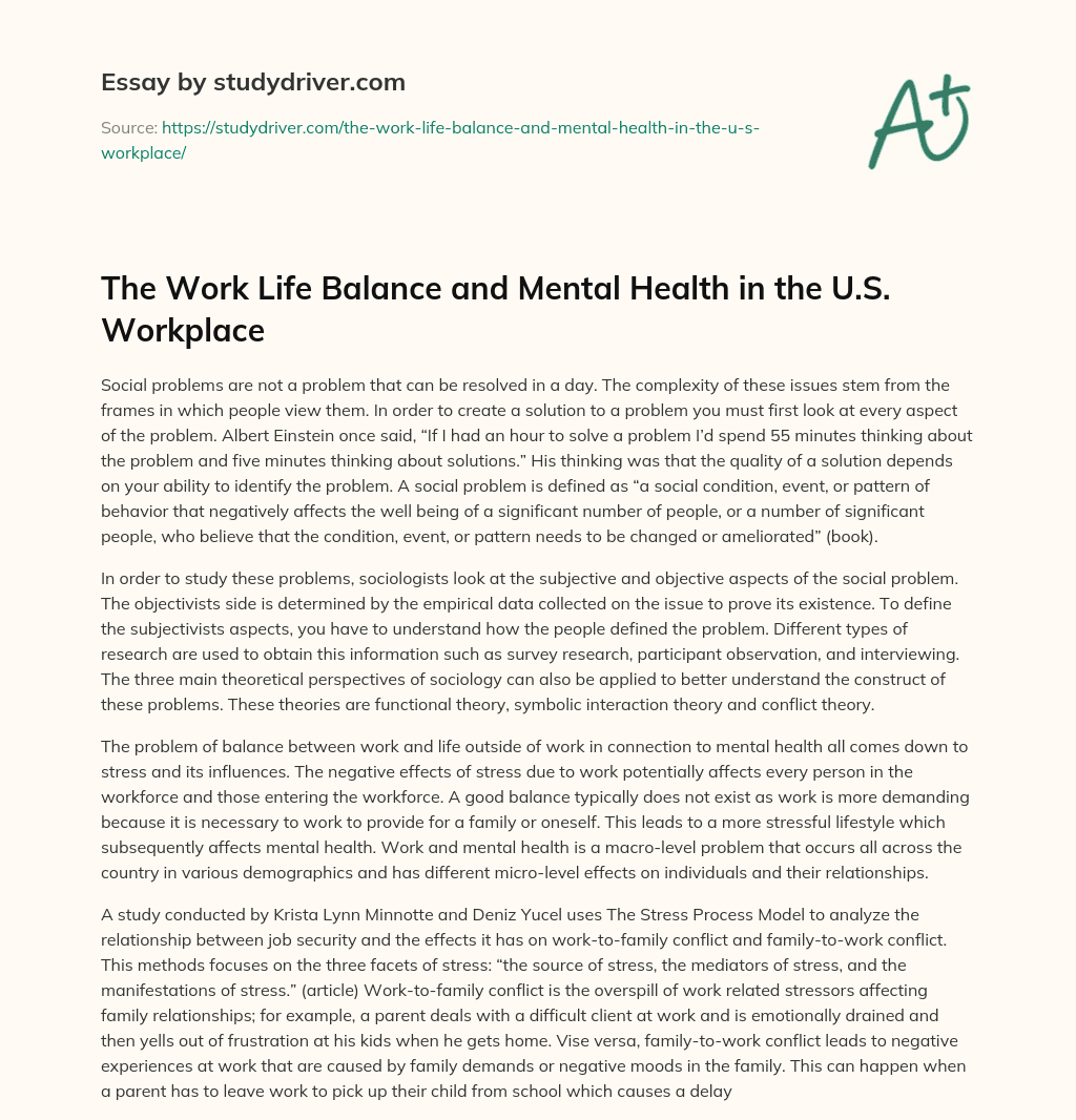 The Work Life Balance and Mental Health in the U.S. Workplace  essay