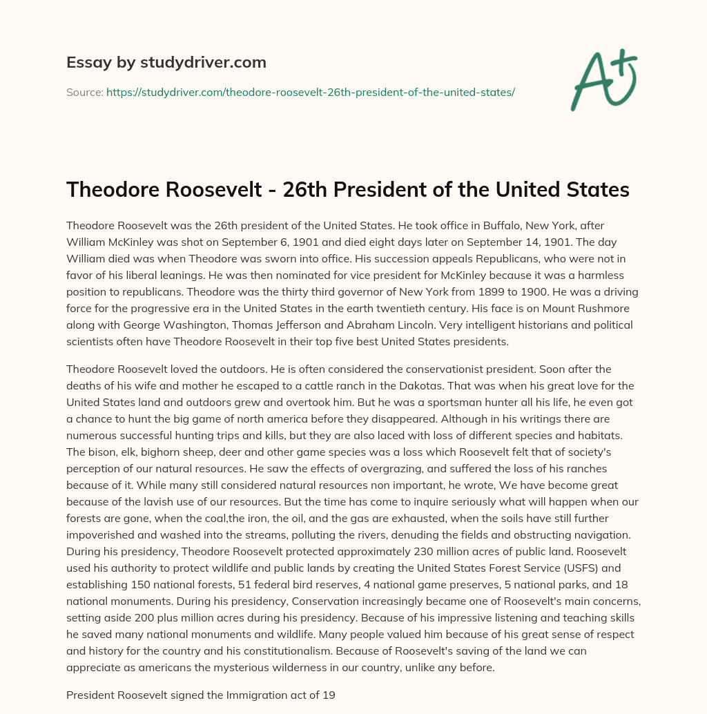 Theodore Roosevelt – 26th President of the United States essay