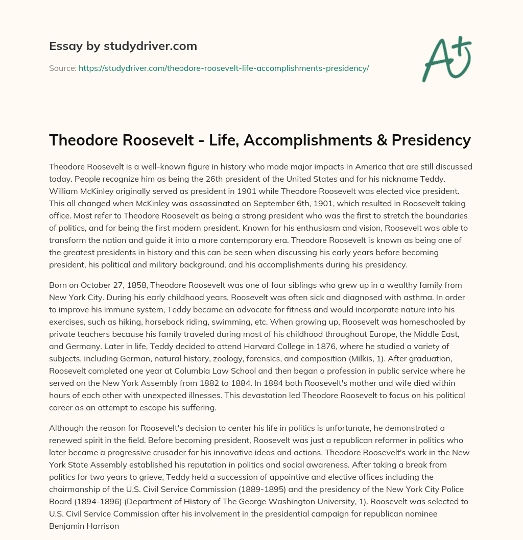 Theodore Roosevelt – Life, Accomplishments & Presidency essay