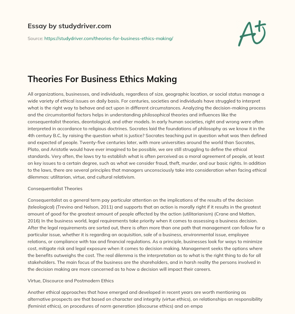Theories for Business Ethics Making essay