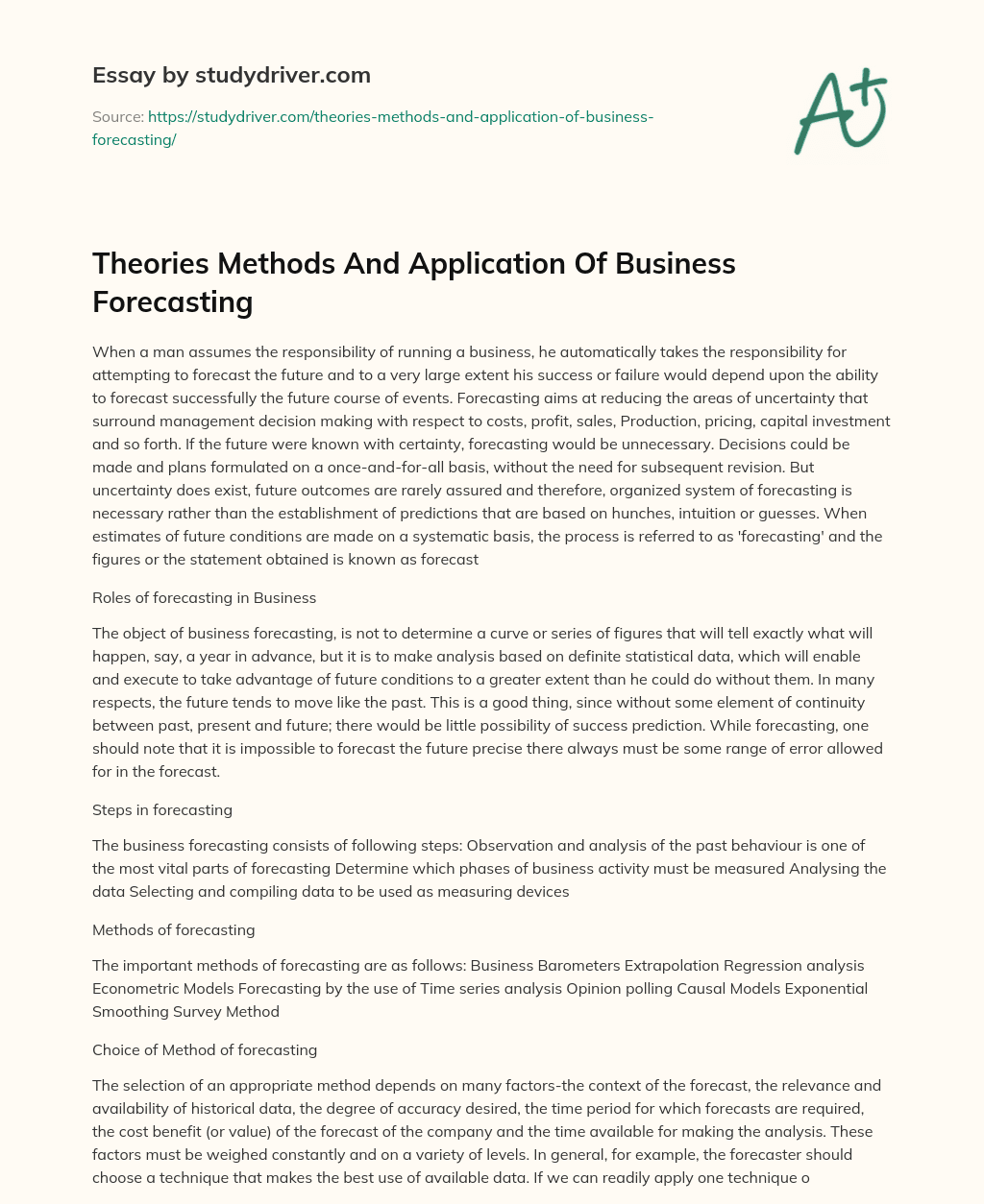 Theories Methods and Application of Business Forecasting essay