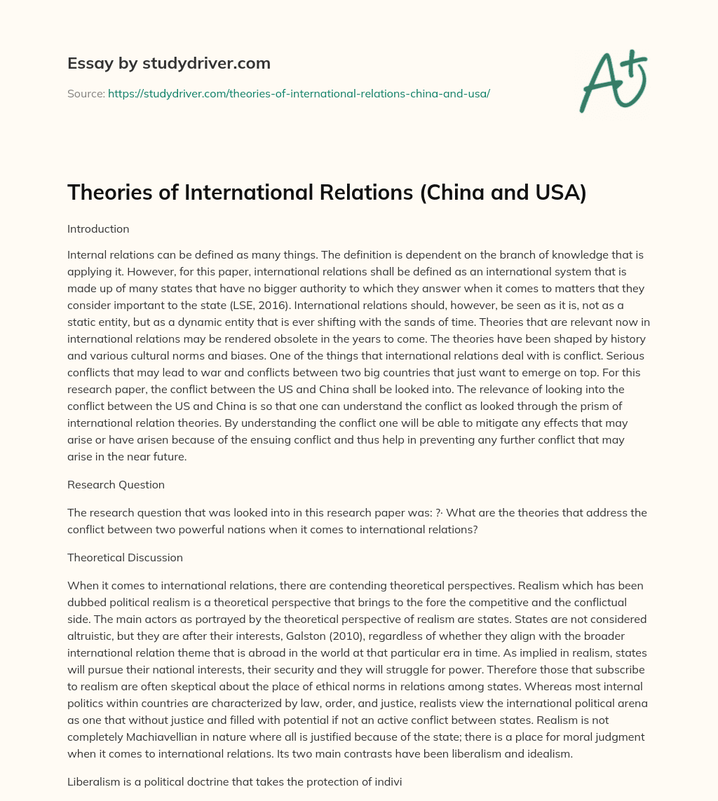 Theories of International Relations (China and USA) essay