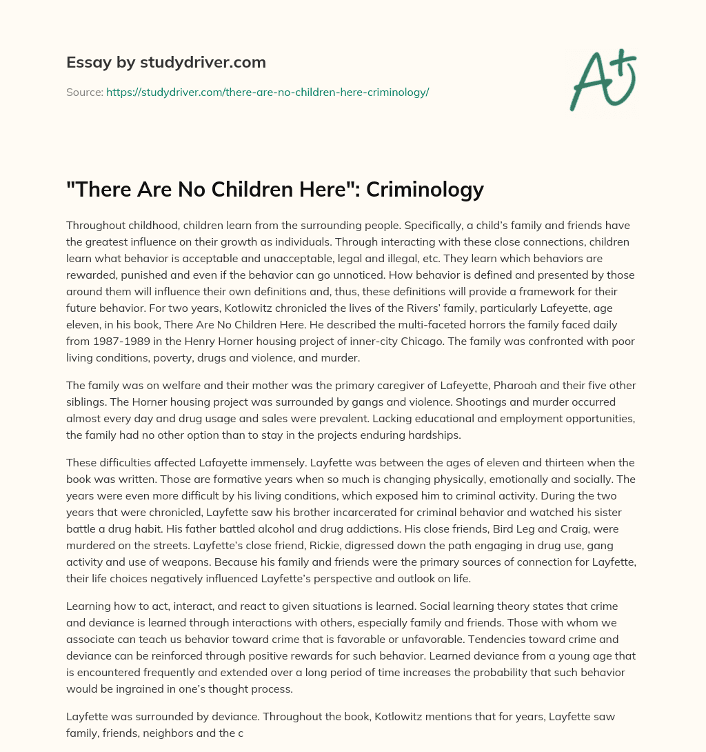 “There are no Children Here”: Criminology essay