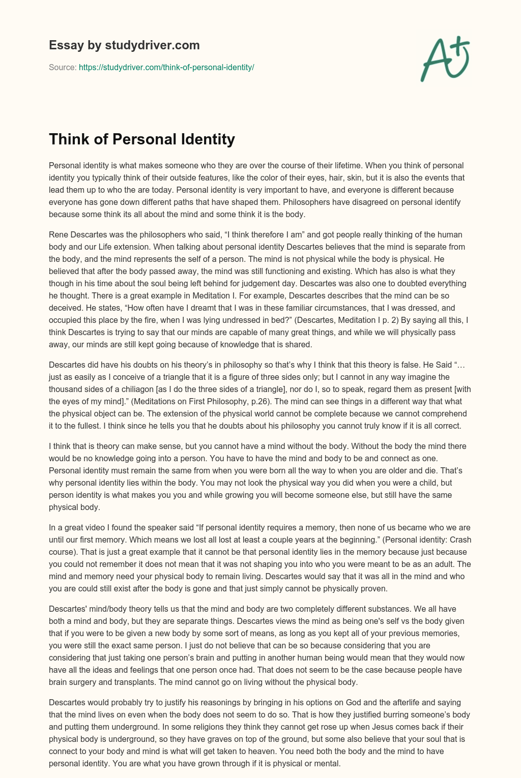 Think of Personal Identity essay