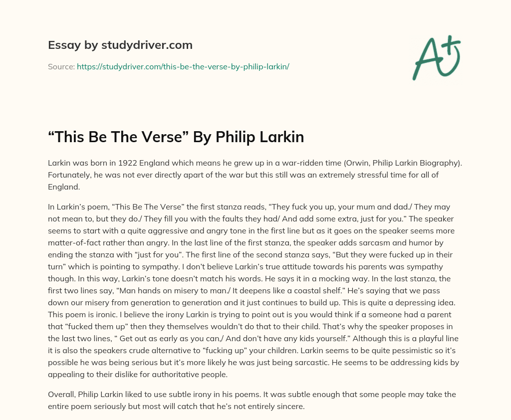 “This be the Verse” by Philip Larkin essay