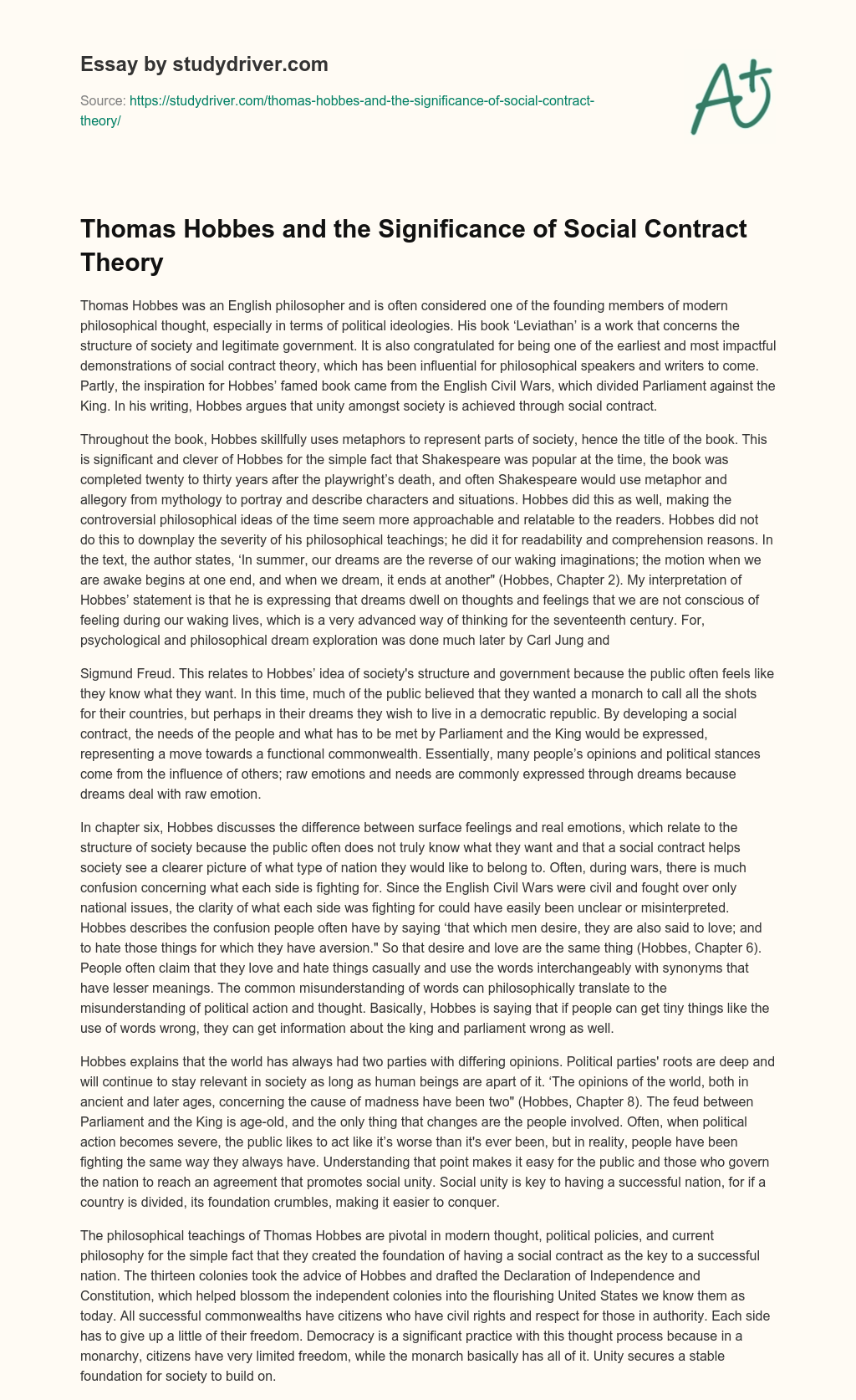 Thomas Hobbes and the Significance of Social Contract Theory essay