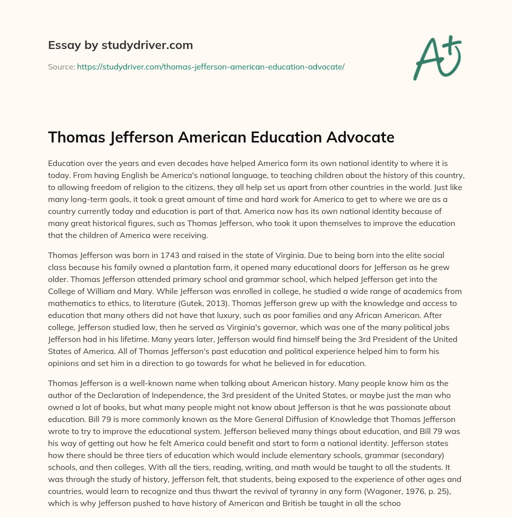 Thomas Jefferson American Education Advocate essay
