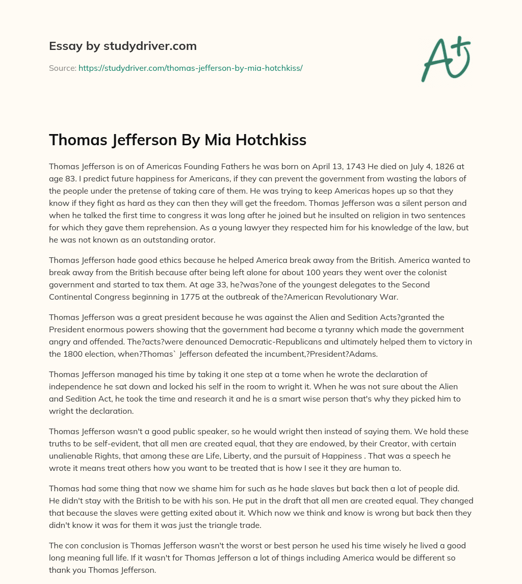 Thomas Jefferson by Mia Hotchkiss essay