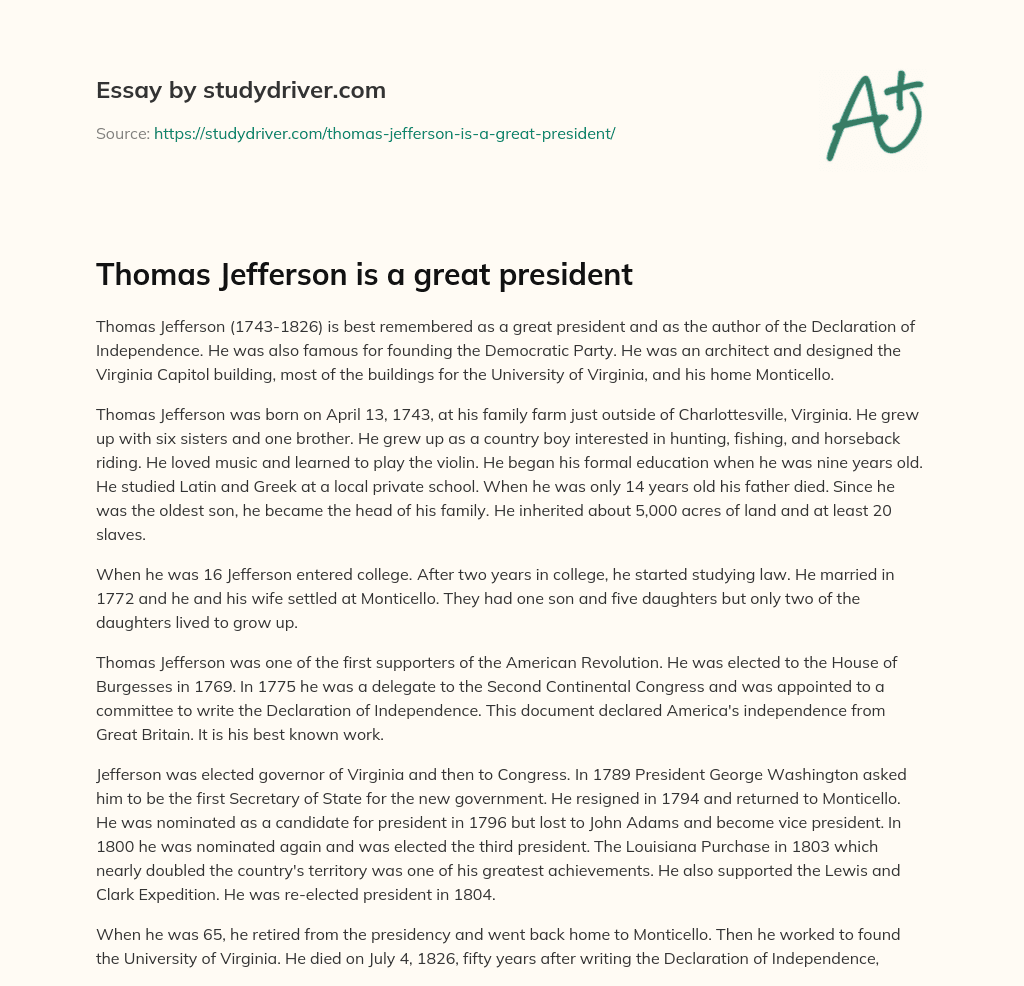 Thomas Jefferson is a Great President essay