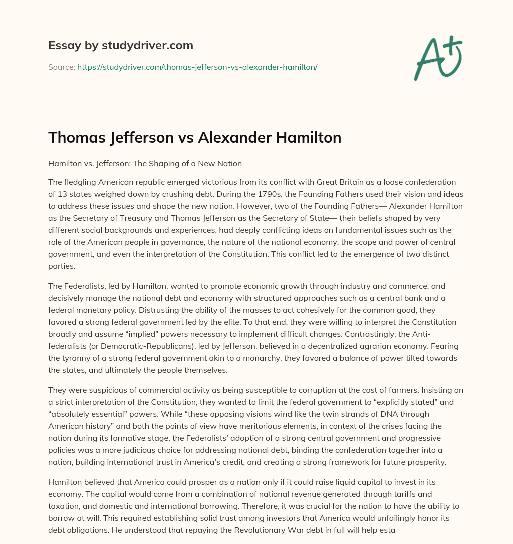 Thomas Jefferson Vs Alexander Hamilton essay
