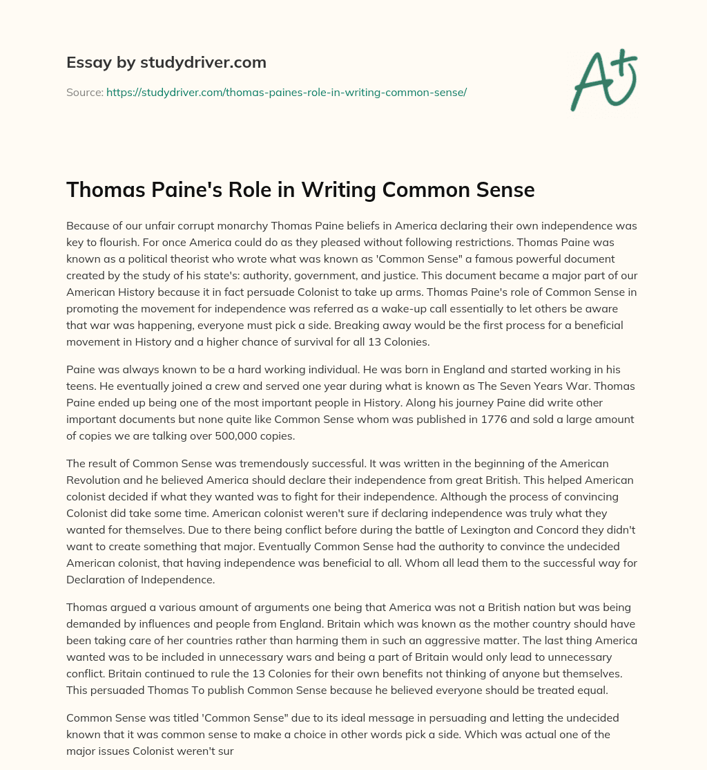Thomas Paine’s Role in Writing Common Sense essay
