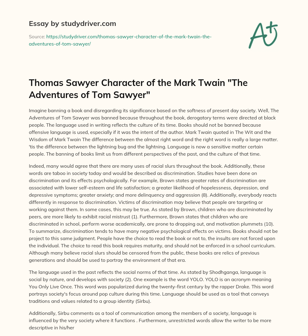 Thomas Sawyer Character of the Mark Twain “The Adventures of Tom Sawyer” essay