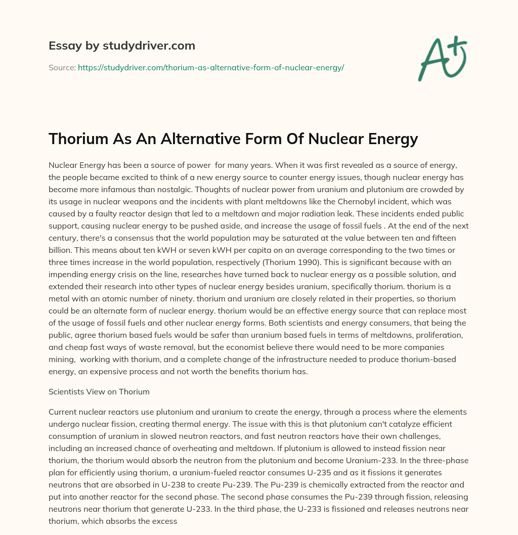 Thorium as an Alternative Form of Nuclear Energy essay