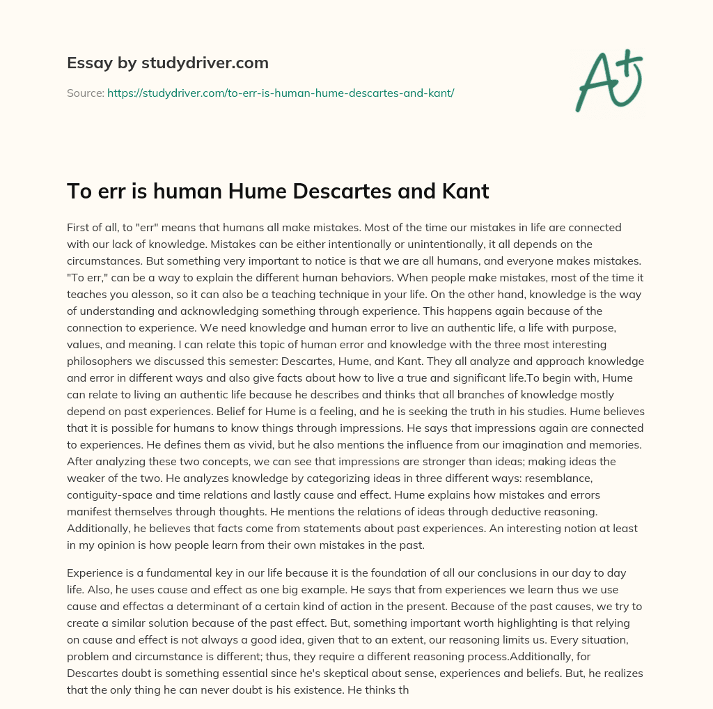 To Err is Human Hume Descartes and Kant essay