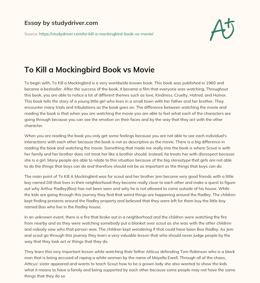 To Kill a Mockingbird Book Vs Movie essay
