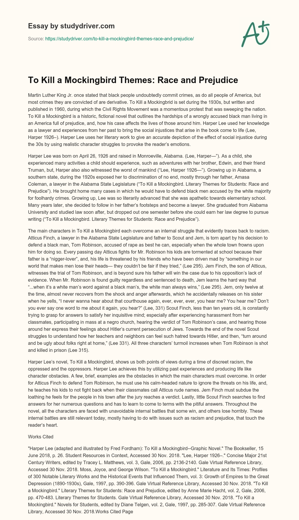 To Kill a Mockingbird Themes: Race and Prejudice essay