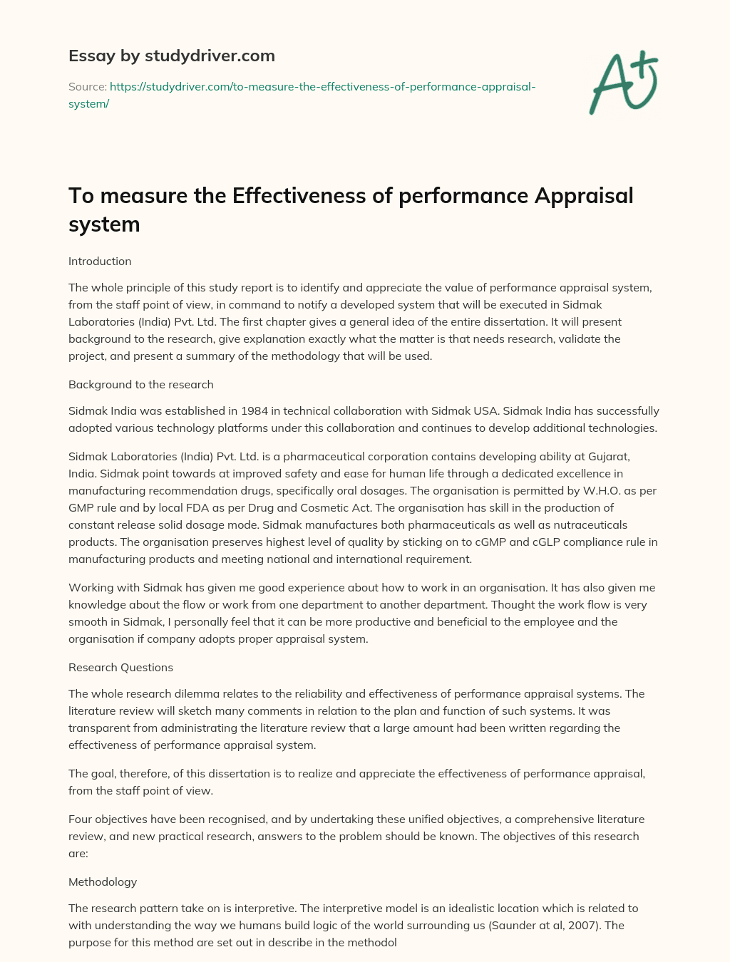 To Measure the Effectiveness of Performance Appraisal System essay