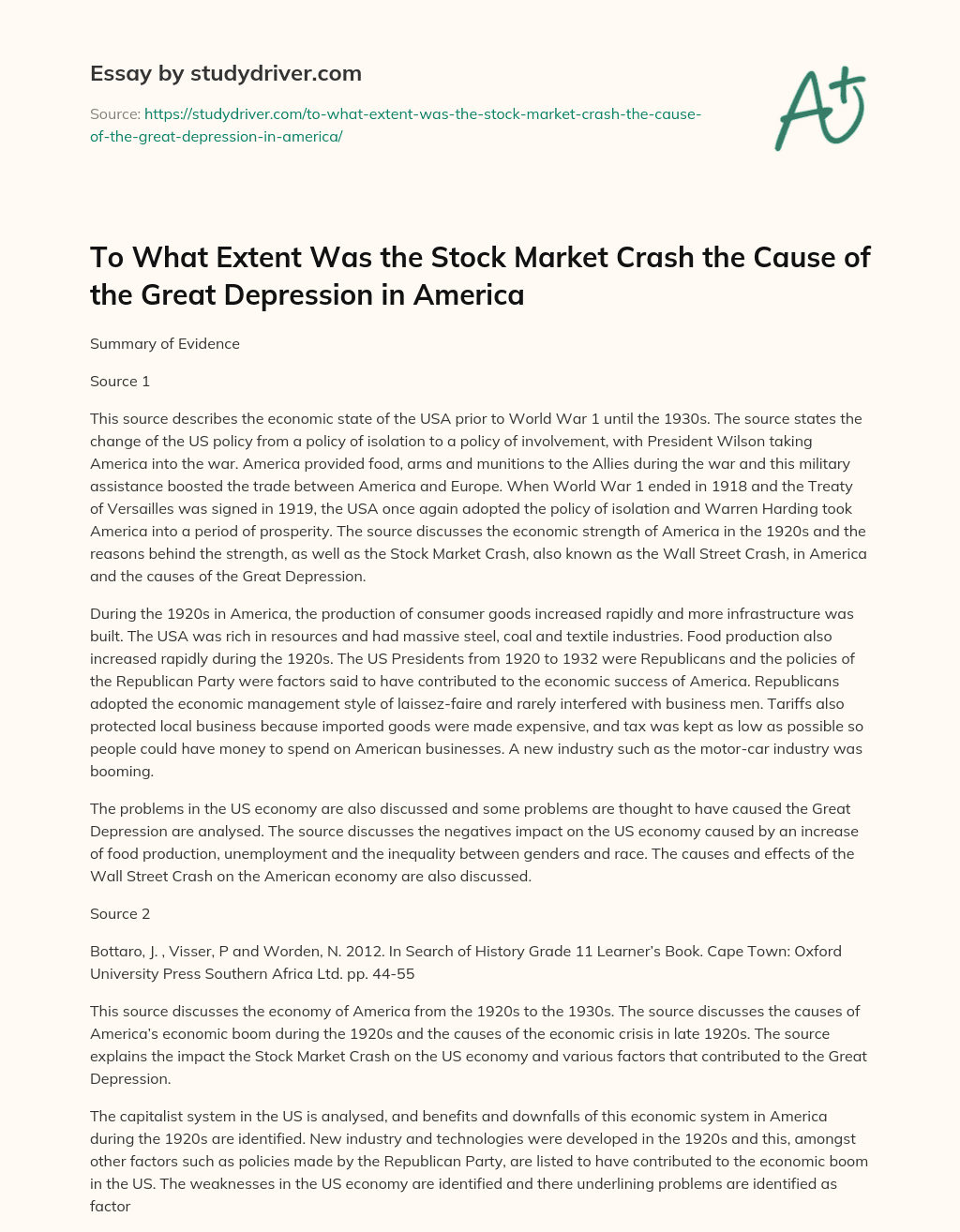 To what Extent was the Stock Market Crash the Cause of the Great Depression in America essay